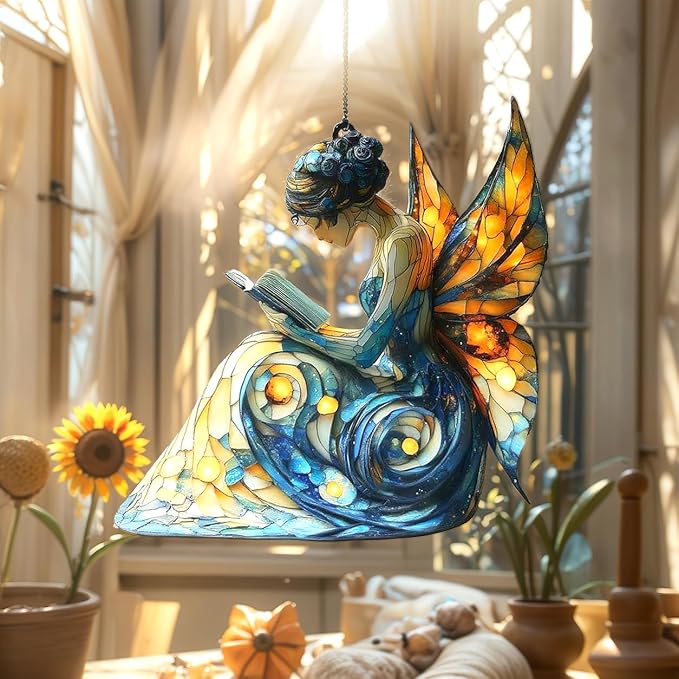 Reading Fairy Acrylic Suncatcher, Bookish Suncatchers for Window Hanging Ornament, Art Garden Decor for Book Lover Reader Bookworm, Gifts for Mother's Day, Mom, Grandma, Wife, Women, Nana
