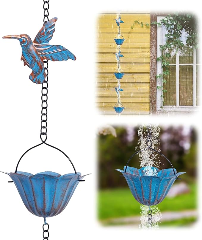Rain Chains for Gutters, 7.87Ft Hummingbird and Cup Rain Chains for Gutters, Adjustable Rain Chimes for Outside Replacement Downspout for Gutters Eaves Drainage, Blue