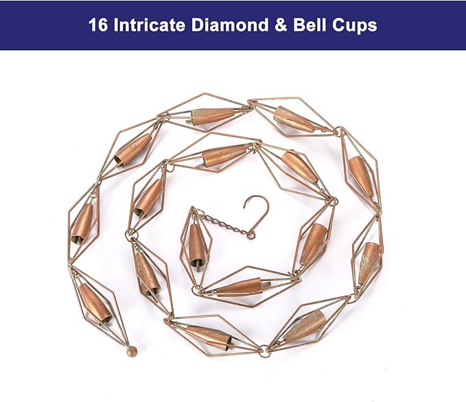 8.5 Feet Diamond & Bell Rain Chain for Outsides, Rain Catch Chains for Gutters Downspouts, Copper Patina Finish Iron