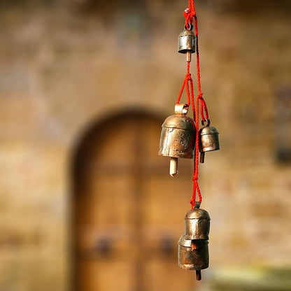 Handmade Rustic Wind Chimes with 5 Brass-Coated Metal Bells (30") – Boho Hanging Bell for Outdoor Patio, Lawn, Balcony, Garden, Door, Farmhouse & Vintage Christmas Decor