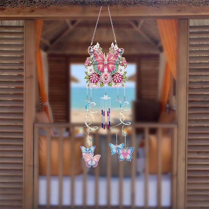 DIY Wind Chime Pendant Spring 3D Diamond Art Painting Hanging Ornament Double Sided Diamond Suncatchers for Window Home Backyard Garden Wall Door Decor-Butterfly02