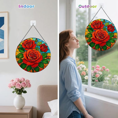 Rose Stained Glass Window Hanging, Rose Suncatcher for Indoor Window, Gift for Women, Wife, Couple (7.8Inch)