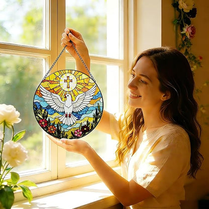 Stained Glass Cross Pigeon Suncatcher Window Hanging, Religious Sun Catchers Indoor Window, Suncatchers for Windows Hanging, Home Garden Decor Glass Panel, Easter Faith Christian Gifts for Women Men