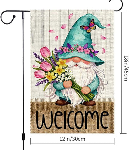 Welcome Garden Flag 12x18 Inch Double Sided with Spring Gnome, Butterfly, Tulips, Daffodils, and Floral Bouquet for Outdoor Yard Decoration