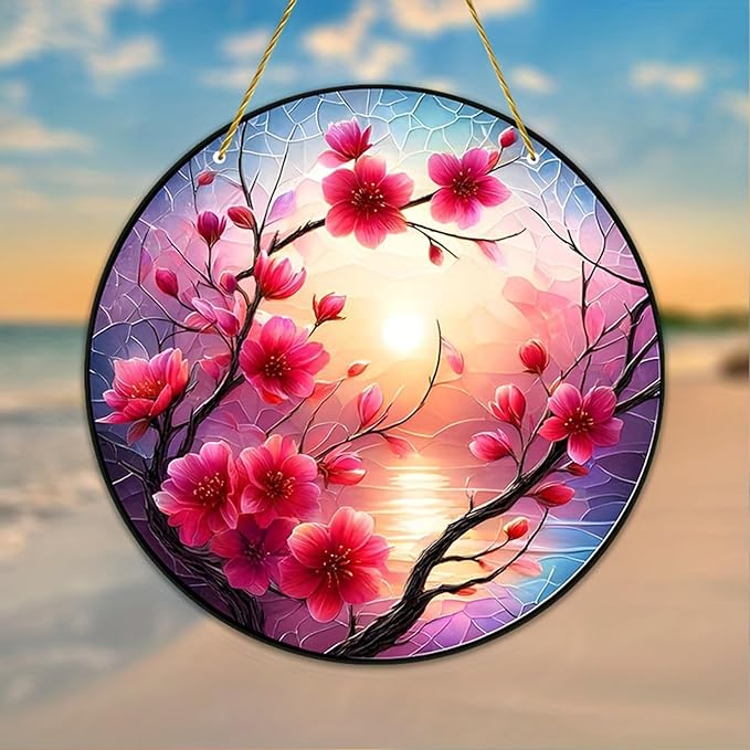 Banax Stained Glass Window Hanging Sunrise Suncatcher, 8 Inch Round Plum Blossom Glass Sun Catcher for Window Wall Art for Home, Patio, Porch, Outdoor Garden Décor Gift