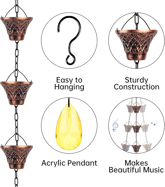 Rain Chains 8.5 Ft, Gutter Downspouts Diverter Outdoor Metal Copper Plaid Rainwater Extensions, 12 Cups