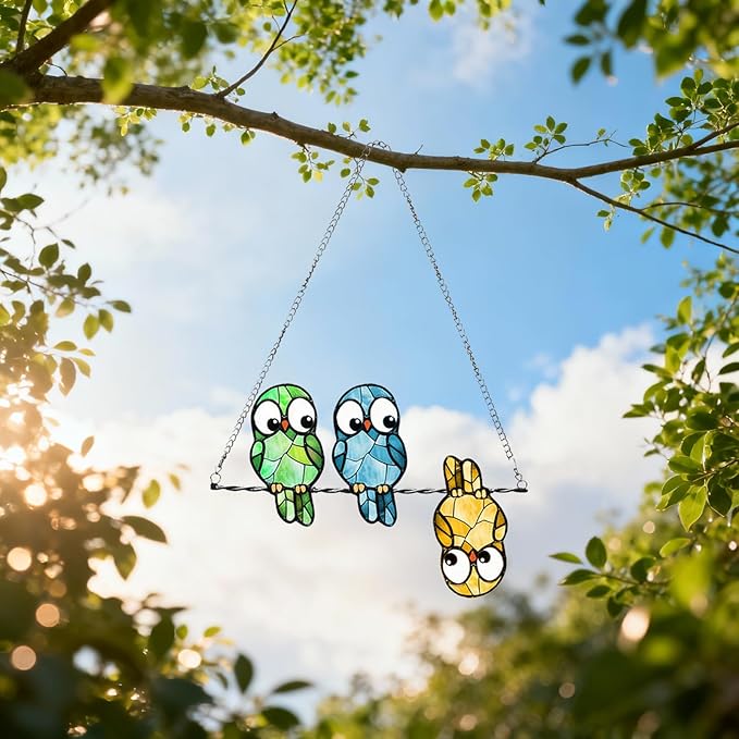 Stained Glass Window Hanging Multicolor Owls Ornaments - Handmade Stained Glass Suncatchers Hanging Outdoor Garden Decor - Decoration for Home Garden Christmas Party Wedding Housewarming Gifts