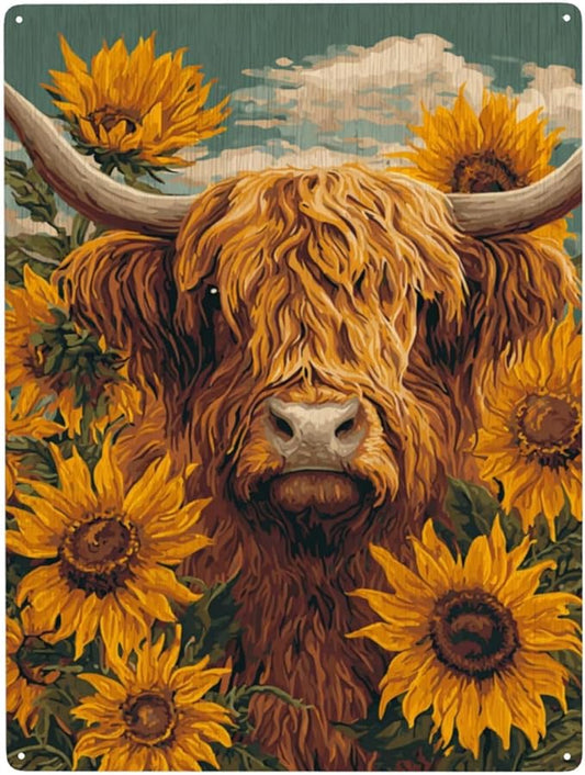 Pastoral Highland Cattle Metal Poster Wall Art, 12X16 Inch Metal Sign Depicting Shaggy Scottish Cow.Vintage Colors Aesthetics,Vibrant Design,Gift Ideal For Farm Life Lovers