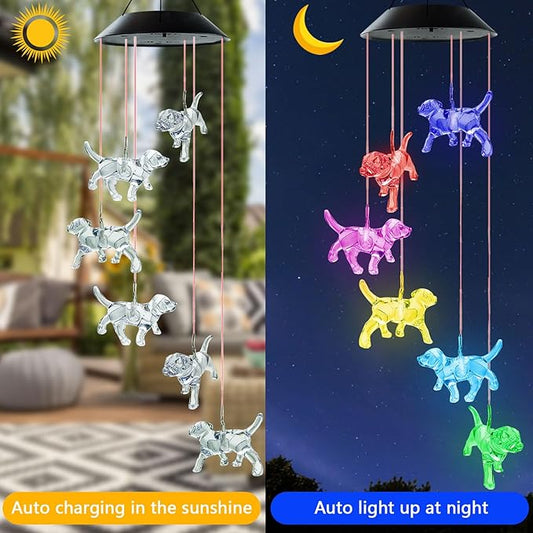 Solar Wind Chimes, Dog Wind Chimes Gifts for Mom Grandma Women Wife Girls, IP65 Waterproof Hanging Memorial Windchimes with 7 Color Changing LED Lights for Outside Garden Yard Decorations