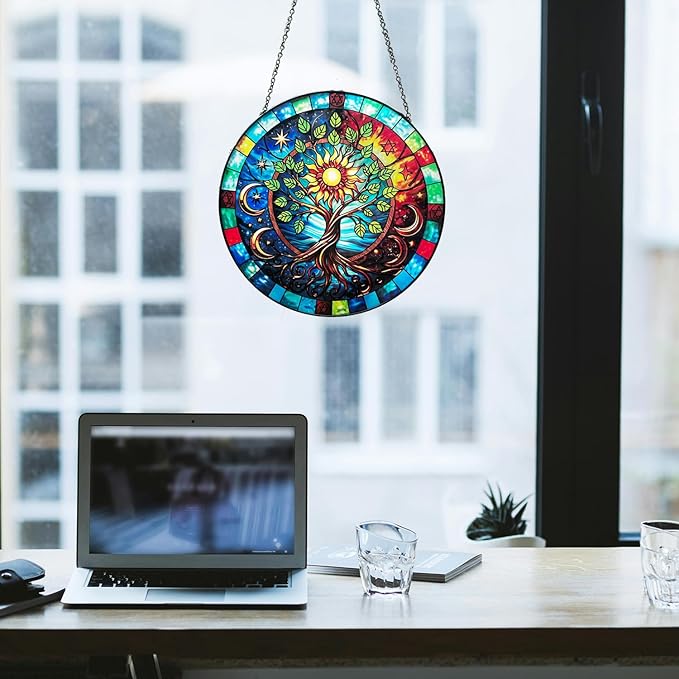 Tree of Life Stained Glass Window Hanging, 7.8" Hand-Painted Sun Catcher Glass Panel Wall Art Decor with Chain, Tree of Life Gifts for Women Mom Grandma, Outdoor Indoor Art Decor for Home Garden