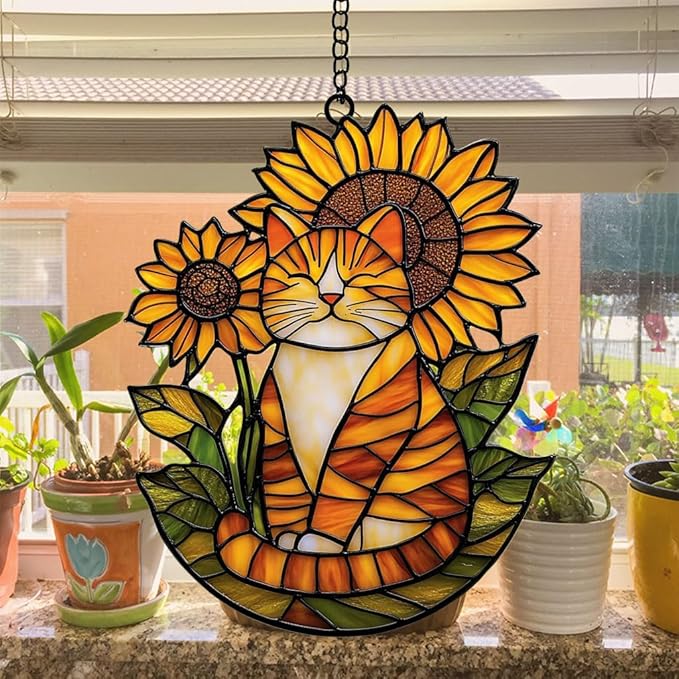 Happy Tabby Cat Acrylic Suncatcher Stained Glass Effect Window Car Hanging Christmas Ornament Indoor Outdoor Decor Garden Sun Catcher Panel Gifts for Cat Lover for Women Mom Grandma