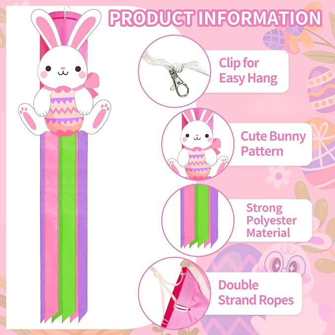 40 Inches Easter Bunny Windsock Decorations, Hanging Outdoor Spring Decor with Colorful Streamers and Cute Rabbit Egg Design, Festive Holiday Wind Sock Ornament for Outside Garden, Patio, and Yard