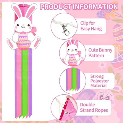 40 Inches Easter Bunny Windsock Decorations, Hanging Outdoor Spring Decor with Colorful Streamers and Cute Rabbit Egg Design, Festive Holiday Wind Sock Ornament for Outside Garden, Patio, and Yard