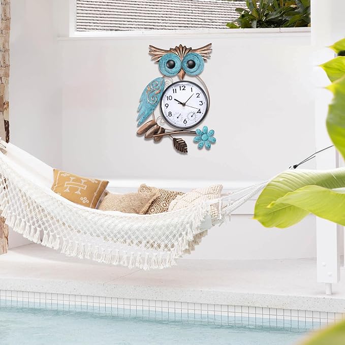 MUMTOP Owl Outdoor Clock Waterproof, 14.56 Inch Outside Wall Clock with Thermometer Combo for Patio Pool Garden Home Decor