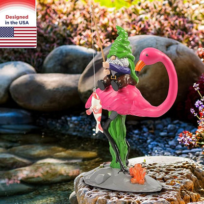 Garden Gnomes Outdoor Decor,Outdoor Statues,Funny Gnome on Flamingo with Fish on Fishing Rod,Large Decorations for Yard,Ideal Gifts for Women,Garden Gnomes Outdoor
