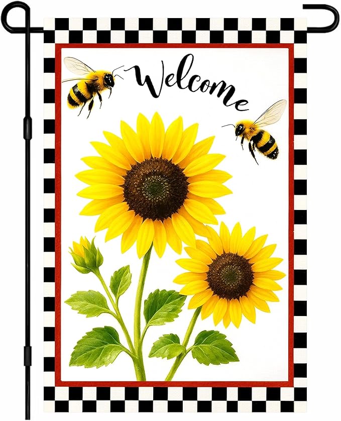 IVN Welcome Garden Flag 12x18 Inch Double Sided Spring Summer Yard Flags Sunflower Bees Decorative Small Flags for Outdoor Seasonal Front Door Lawn Porch Patio Decor Yard Flag