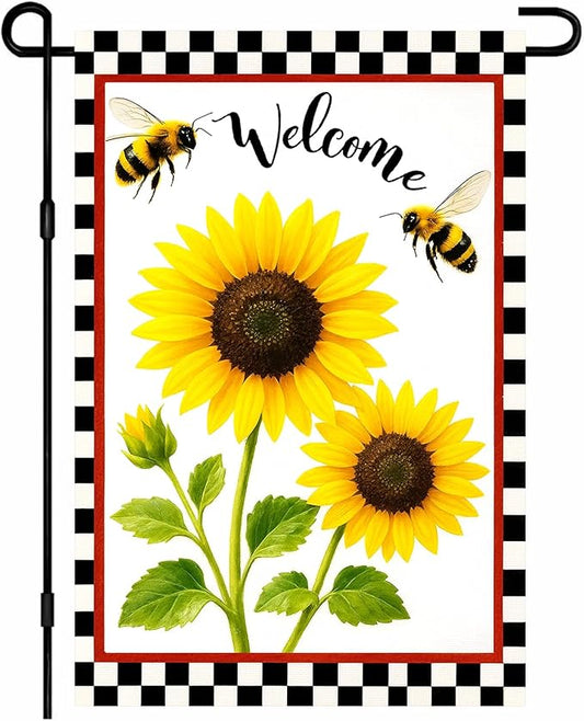 IVN Welcome Garden Flag 12x18 Inch Double Sided Spring Summer Yard Flags Sunflower Bees Decorative Small Flags for Outdoor Seasonal Front Door Lawn Porch Patio Decor Yard Flag