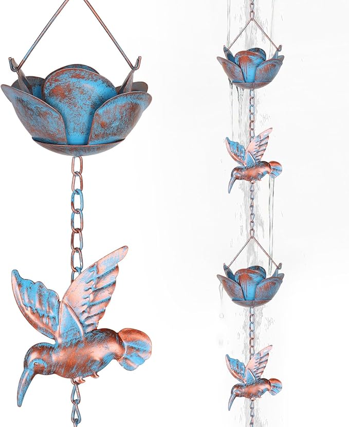 9.2ft Rain Chains for Gutters Outside,Rain Catcher Chain with 6 Lotus Rain Metal Cups & 7 Hummingbird Decor,Adjustable Rain Catcher Chain Replacement Downspout for Gutters,Drainage & Eaves