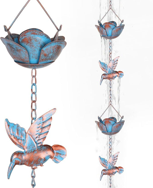 9.2ft Rain Chains for Gutters Outside,Rain Catcher Chain with 6 Lotus Rain Metal Cups & 7 Hummingbird Decor,Adjustable Rain Catcher Chain Replacement Downspout for Gutters,Drainage & Eaves