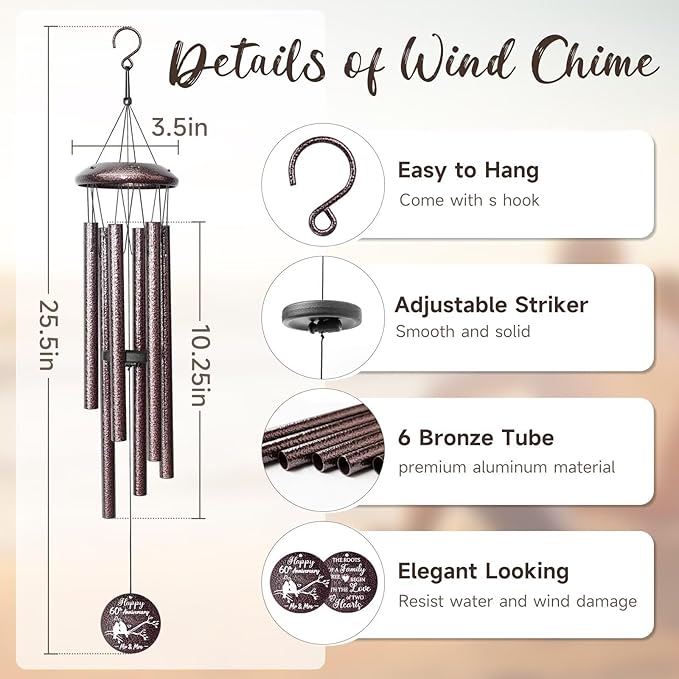 60th Anniversary Wind Chimes Gifts for Men Women, Romantic 60 Year Anniversary for Couples, Parents, Wife, Husband, Friends, Happy Anniversaries Decorations