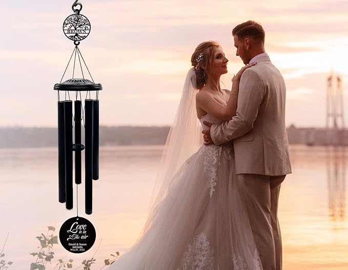 Personalized Wedding Gifts for Couple - Custom 37" Tree of Life Wind Chimes with Names & Date, Love is in The Air, Unique Bridal Shower Engagement Gift, Remembrance Home Decor