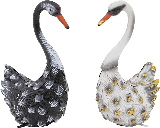 19" Large Swan Statue Set of 2, Handcrafted Lifelike Swan Sculptures Decor with Secure Stakes, Weatherproof Metal Yard Art for Outdoor Indoor Decor, Ideal for Weddings & Valentine’s Day