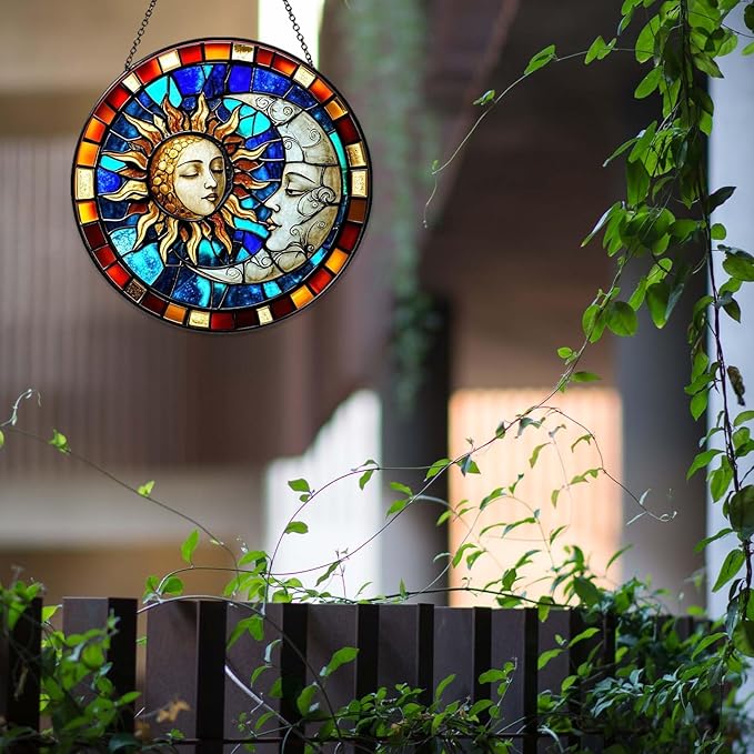 Sun and Moon Decor Sun Catcher Stained Glass Window Hanging Handmade Stained Glass SunCatcher Decoration for Home Window Garden Decor Indoor Decoration for Women Christmas Birthday Gifts