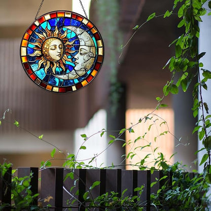 Sun and Moon Decor Sun Catcher Stained Glass Window Hanging Handmade Stained Glass SunCatcher Decoration for Home Window Garden Decor Indoor Decoration for Women Christmas Birthday Gifts