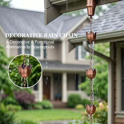 Topadorn 8.5 FT Metal Lotus Rain Chain with 11 Tulip Shaped Copper Cups for Outdoor Home Garden Decor Replacement for Gutter Downspouts, Divert Water and Home Display