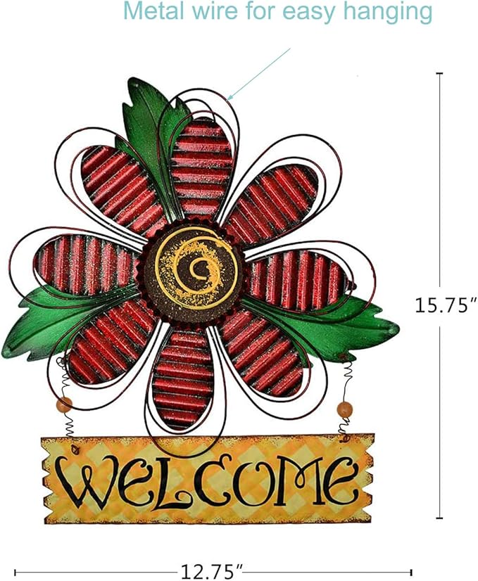 Vintage Flower Metal Welcome Sign Front Door Decor Hanging Wall Sign Indoor Outdoor Garden Hanging Sign 15.75x12.75" (Three colors)