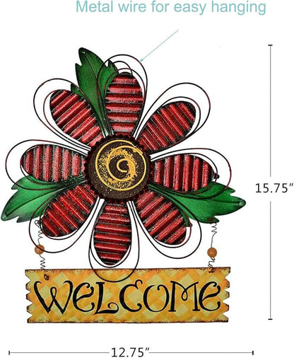 Vintage Flower Metal Welcome Sign Front Door Decor Hanging Wall Sign Indoor Outdoor Garden Hanging Sign 15.75x12.75" (Three colors)