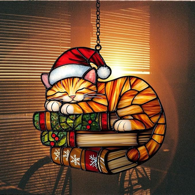 Cute Sleeping Cat Santa Claus Hat Acrylic Suncatcher Stained Glass Effect Window Car Hanging Christmas Ornament Indoor Outdoor Decor Garden Sun Catcher Panel Gifts for Cat Lover for Women Mom Grandma