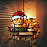 Cute Sleeping Cat Santa Claus Hat Acrylic Suncatcher Stained Glass Effect Window Car Hanging Christmas Ornament Indoor Outdoor Decor Garden Sun Catcher Panel Gifts for Cat Lover for Women Mom Grandma