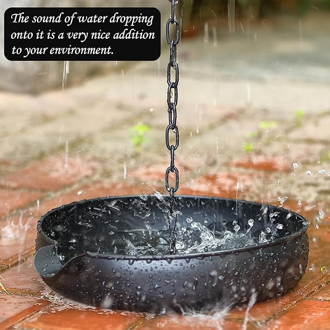 Rain Chain Anchoring Basin, Metal Bowl for Rain Chain Downspout Gutters, Black Rain Chain Basin of Chain Display for Outdoor Garden, Lawn and Patio Water Feature, 10.23 inch Diameter, 2 Inches High