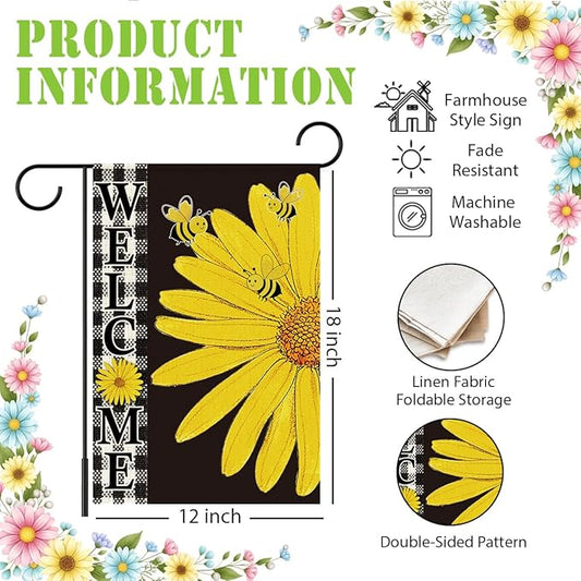 Welcome Garden Flag for Outside,Yellow Daisy Spring Garden Flag Yard Lawn Porch Flags for Outdoor Spring Decorations 12x18 Inch Double Sided