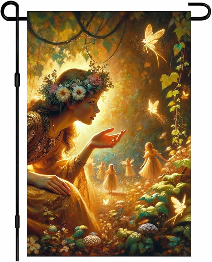 IVN Spring Fairy Garden Flag 12x18 Inch Double Sided Enchanted Forest Flag with Flower Crown Fairy and Glowing Fairies Fantasy Yard Decor for Outdoor Lawn Porch or Seasonal House Decoration