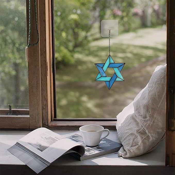 Jewish Star Stained Glass Window Hanging,Star of David Suncatcher for Home Office,Family Guardian Birthday Gifts for Women, Housewarming Gifts