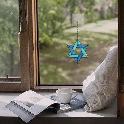 Jewish Star Stained Glass Window Hanging,Star of David Suncatcher for Home Office,Family Guardian Birthday Gifts for Women, Housewarming Gifts