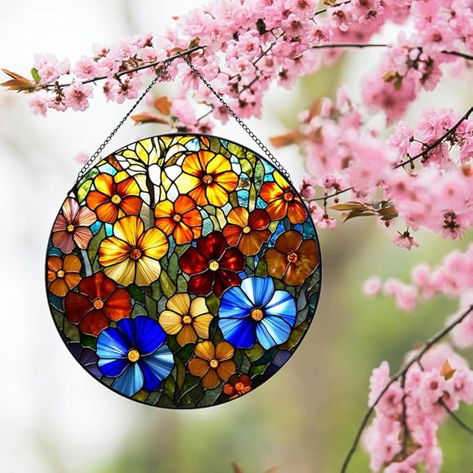 Stained Glass Window Hanging, Spring Colorful Flowers Suncatcher for Window Doors Garden Home Decoration, Floral Plant Glass Ornaments for Women,Men,Wife, Lovers, and Mom 7.8×7.8 in
