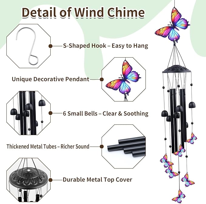 39" Butterfly Wind Chimes for Outside, Balck Metal WindChimes Suitable for Patio, Garden Hanging Decorations, Butterfly Gifts for Birthday Mother’s Day