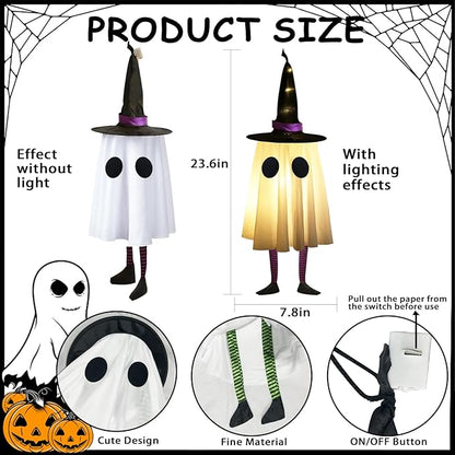 Set of 3 Halloween Hanging Ghosts,Halloween Decorations Outdoor Hanging Ghosts with Witch Hat,Glowing Ghost Witch Hat Light, Halloween Ghost Decor for Yard Patio Garden Tree Outside(3 Ghost Lighted)
