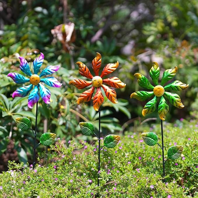 DREAMYSOUL 3 Packs Metal Flowers Wind Spinners Outdoor, Pinwheel Decorative Garden Stakes, Metal Wind Spinner for Yard and Garden Decor
