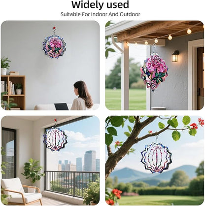 8 Inch Sublimation Wind Spinner, 3D Aluminum Metal Wind Spinner with Hook, Indoor Yard Garden Hanging Decoration, Weather Resistant Rotating Spiral Ornament, Stained Glass Rose