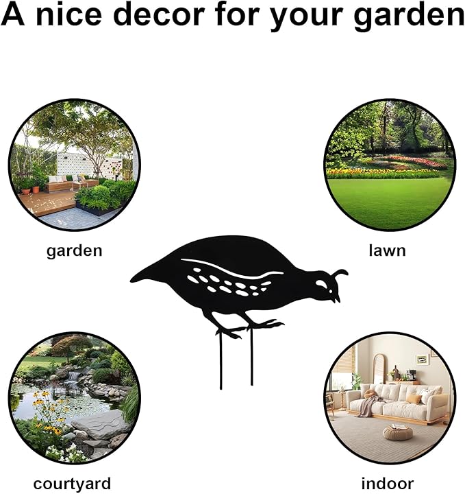 SEWACC 4pcs Iron Cast Animal Stake Statue Outdoor Quail Family Yard Decor Black Metal Quail Art Garden Quail Decor Bird Statue Lawn Backyard Outdoor Decoration