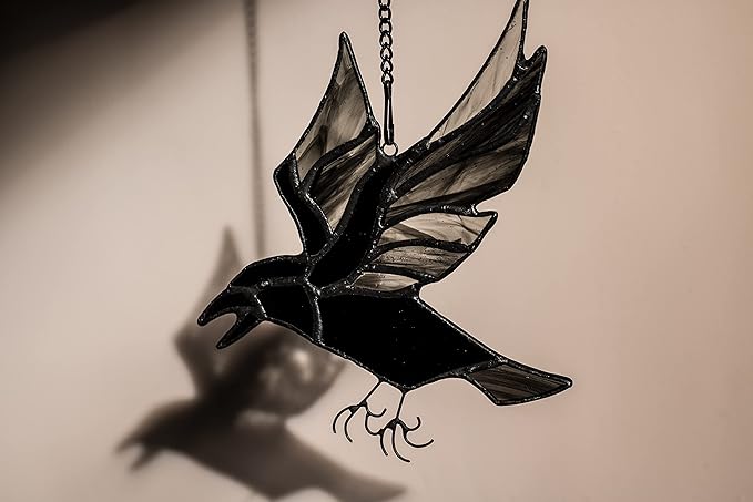 BOXCASA Raven Stained Glass Window Hangings,Crow Decorations for Halloween,Bird Suncatcher for Windows,Balconies,Yards,Walls