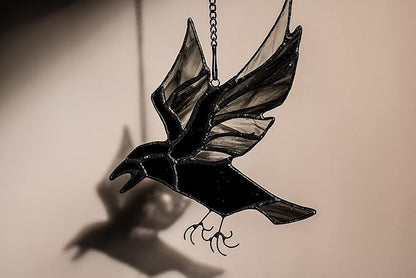 BOXCASA Raven Stained Glass Window Hangings,Crow Decorations for Halloween,Bird Suncatcher for Windows,Balconies,Yards,Walls