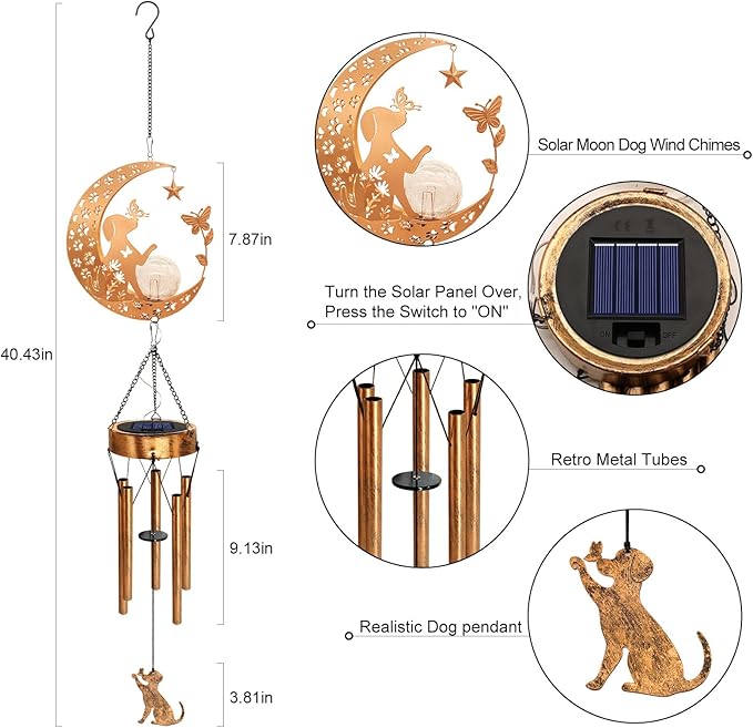2Pack Solar Moon Dog Wind Chimes for Outside, Dog Lover Gifts for Mom Women Men Birthday Mothers Day, Hanging Outdoor Decor Cracked Glass Ball Memorial Wind Chimes for Garden Porch