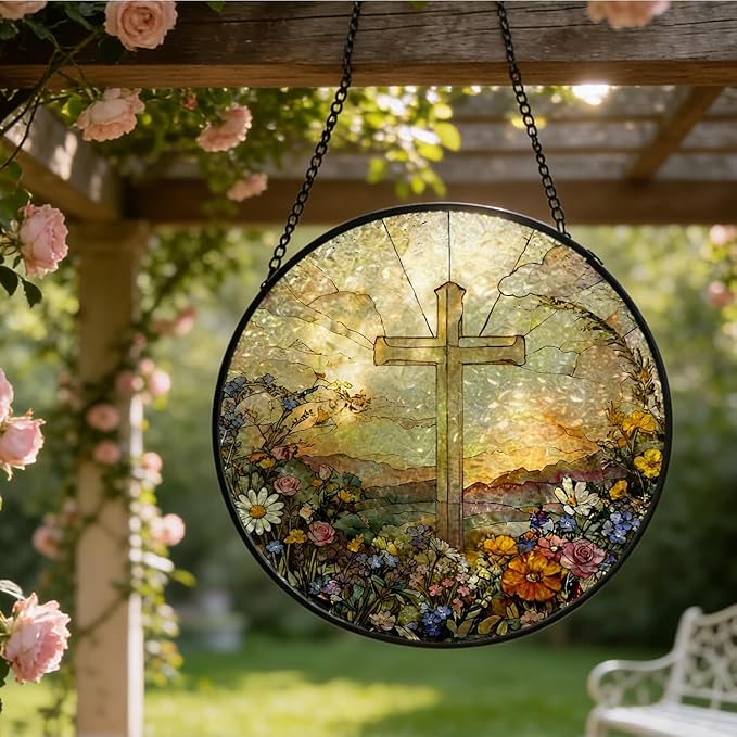 Christian Cross Flower Stained Glass Window Hanging, Wildflower Religious Cross Suncatcher Indoor Window Glass Round Wall Art Decor, 7.9x7.9 Inch