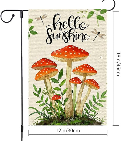 Hello Sunshine Garden Flag 12x18 inch Double-Sided Small Burlap mushrooms Yard Outside Lawn Rustic Farmhouse Flags Decorations