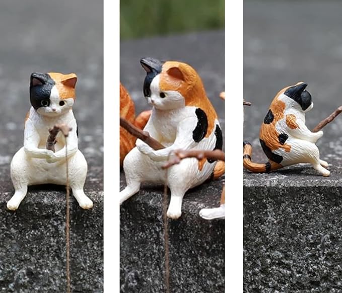 14 PCS Fairy Garden Kit, Fishing Cat Figurines, Miniature Koi Pond Mushroom Outdoor Statues, Tiny Ornaments for Micro Landscape Plant Pots Bonsai Craft Decor